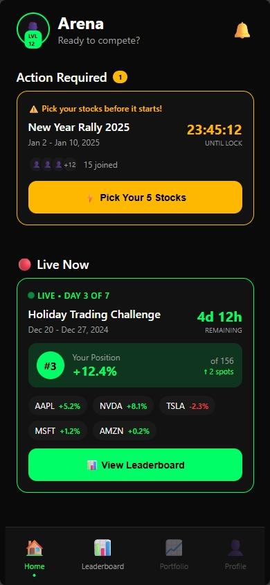 Stocksathon app interface showing stock picking and leaderboard features